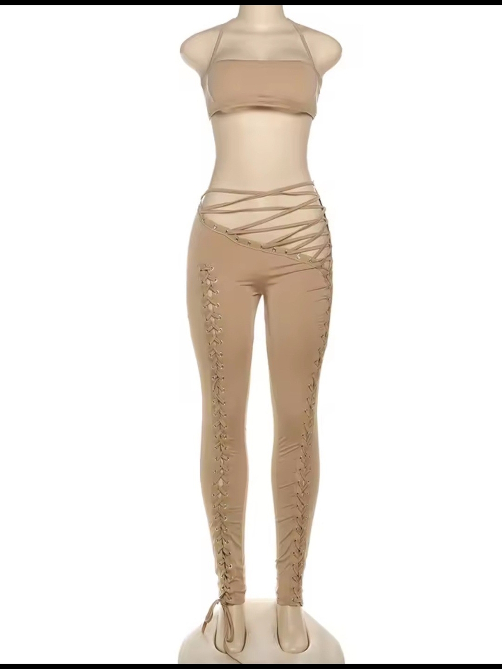 Women’s Lace-Up High-Waist Jumpsuit - Nude